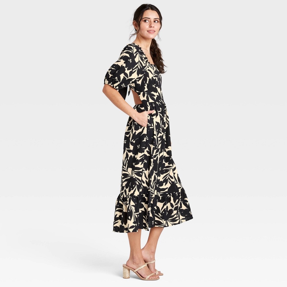 Puff Sleeve Open-Back Neutral Floral Midi Dress